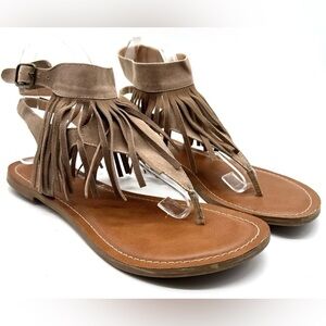 Restricted Suede Fringe Thong Sandals 8 Tan Ankle Strap Boho